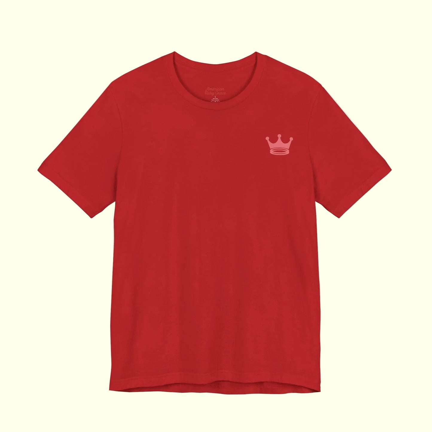 Red t-shirt with crown + halos on a white background