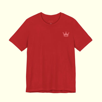 Red t-shirt with crown + halos on a white background