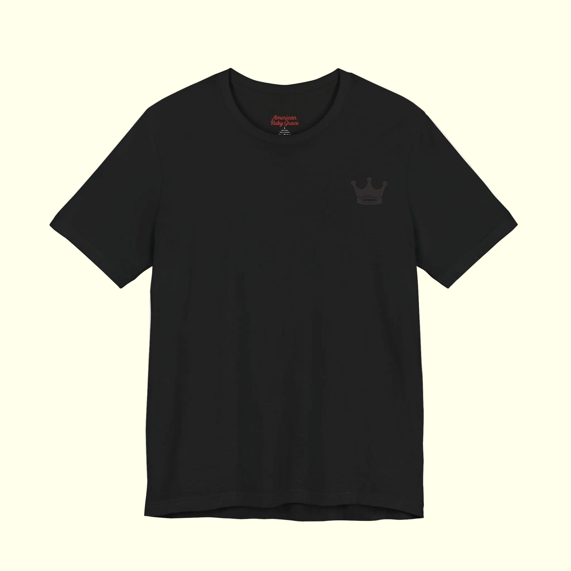 Black t-shirt with Crown + Halos emblem on a white background